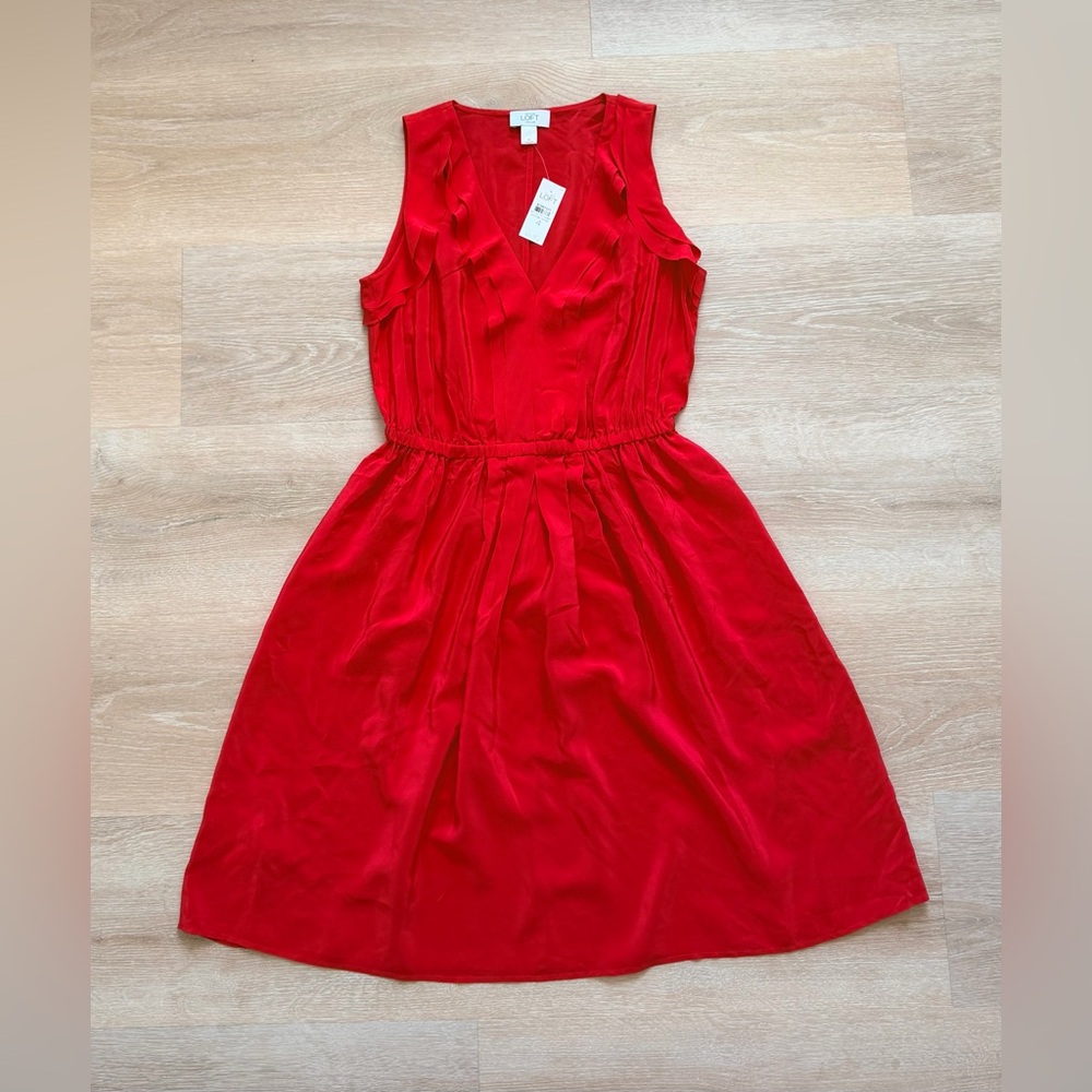 NWT Ann Taylor LOFT 100% Silk Red Ruffle Dress Sleeveless V Neck Women’s Size 4